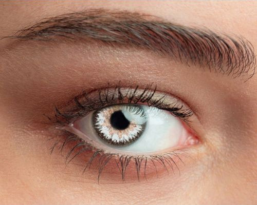 Lentilles de contact grises Queen's Trilogy Pearl Gray sur l’œil – effet perle clair
